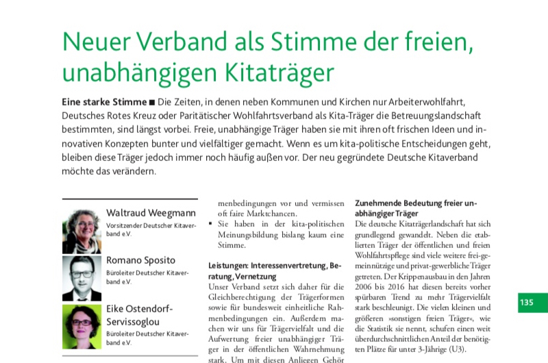 Bild des oberen Teils der ersten Beitragsseite mit Titel "Neuer Verband als Stimme der freien, unabhängigen Kitaträger"
